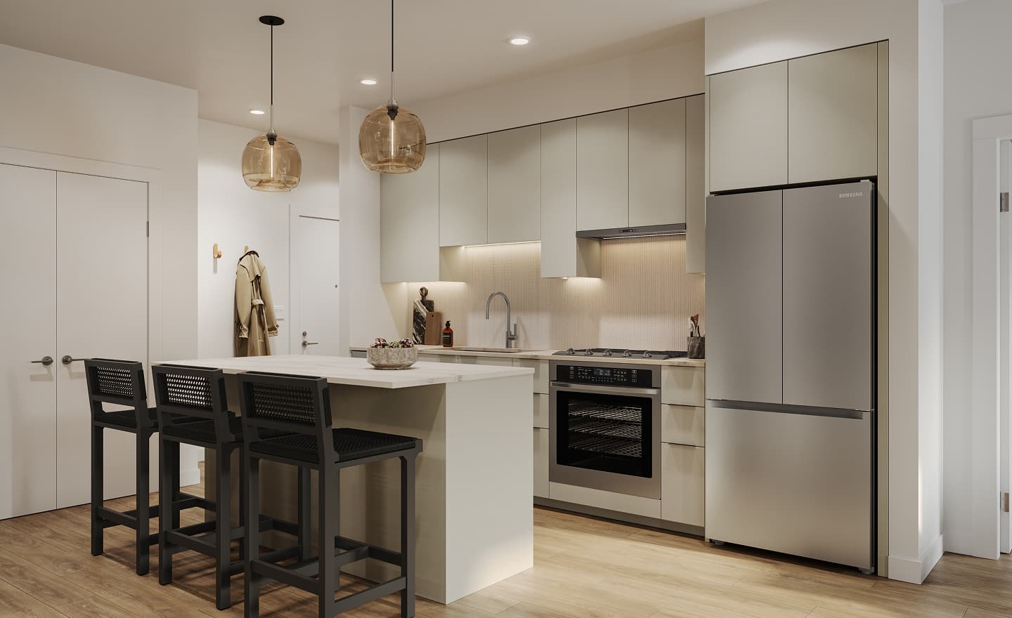 Developer rendering of Atlin’s light kitchen palette
