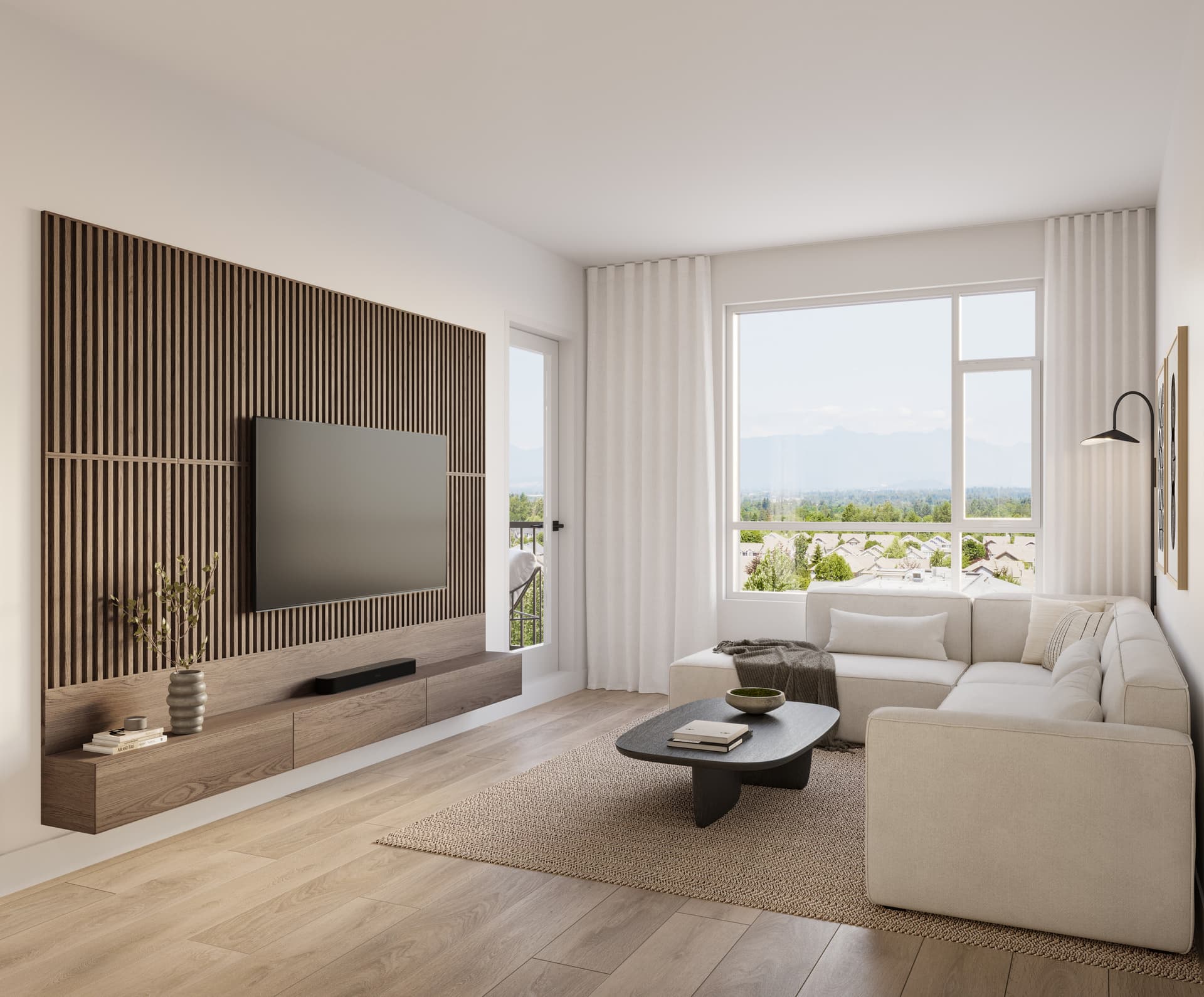 Developer photograph of a living room at The Commons