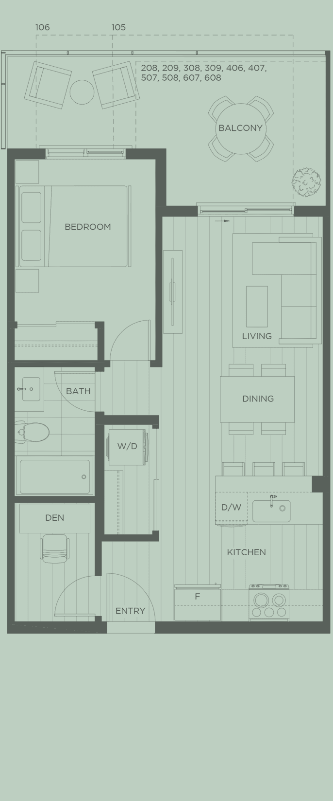 City Corners A13 one-bedroom plus den floorplan